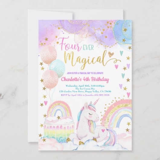 Invitation Unicorn Magical 4th Birthday Party Pastel Rainbow (Devant)