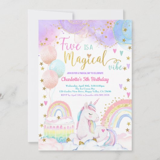 Invitation Unicorn Magical 5th Birthday Party Pastel Rainbow (Devant)