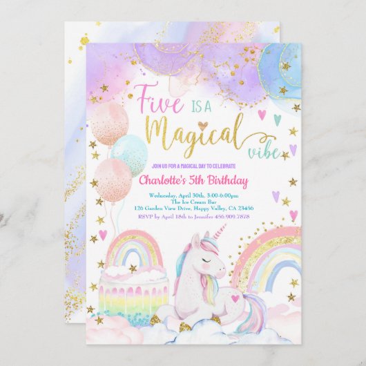 Invitation Unicorn Magical 5th Birthday Party Pastel Rainbow (Devant / Derrière)