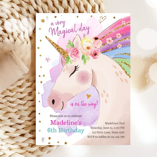 Invitation Unicorn Magical Rose or Rainbow Girl Anniversaire