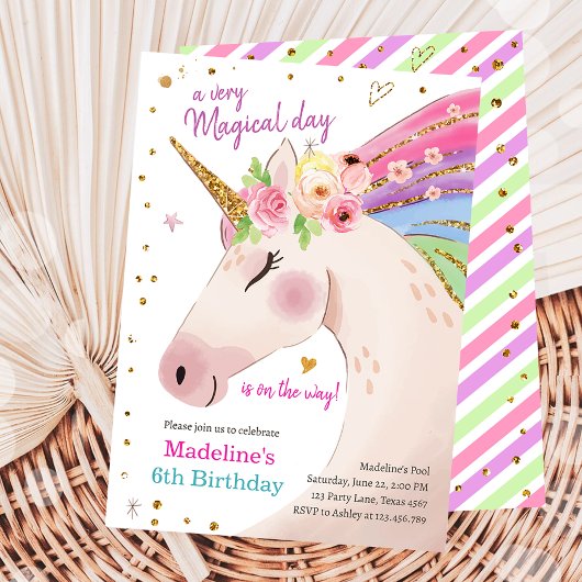 Invitation Unicorn Magical Rose or Rainbow Girl Anniversaire