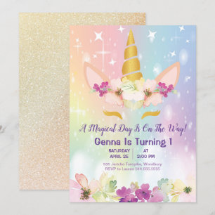 Invitation Unicorn Magique Arc-en-ciel Faux Or 1er anniversai