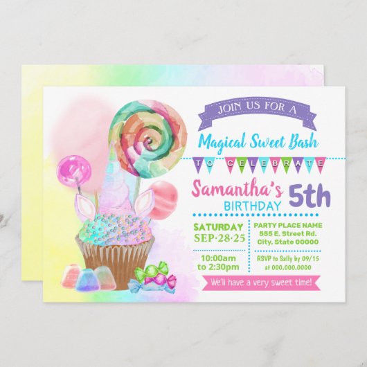 Invitation Unicorn magique bonbon d'anniversaire doux pastel (Devant / Derrière)