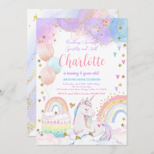 Invitation Unicorn Magique fête d'anniversaire fille Pastel R (Devant / Derrière)