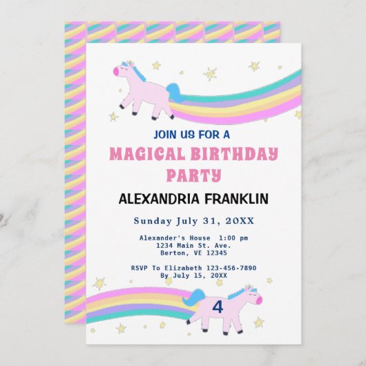 Invitation Unicorn Magique fête d'anniversaire Rainbow (Devant / Derrière)