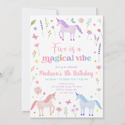 Invitation Unicorn Meadow Five is a Magical Vibe Birthday (Devant)
