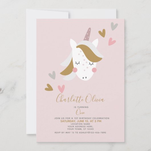 Invitation Unicorn moderne boue rose 1er anniversaire (Devant)