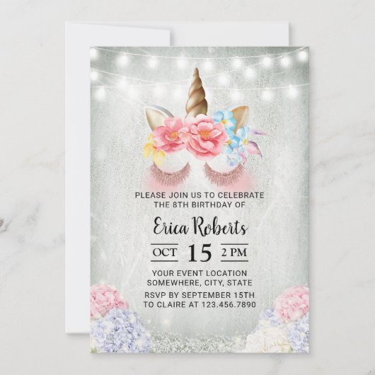 Invitation Unicorn Moderne Rose Parties scintillant d'or Magi (Devant)