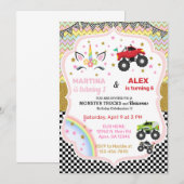 Invitation Unicorn & monster trucks frères et soeurs invitati (Devant / Derrière)