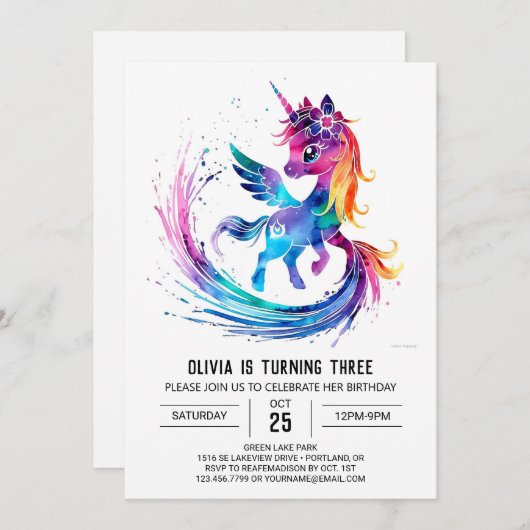 Invitation Unicorn numérique personnalisable (Devant / Derrière)