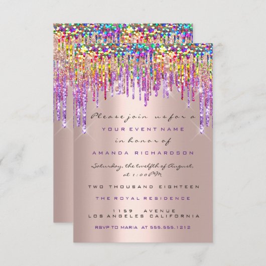 Invitation Unicorn Parties scintillant Drips Rose Gold Bridal (Devant / Derrière)