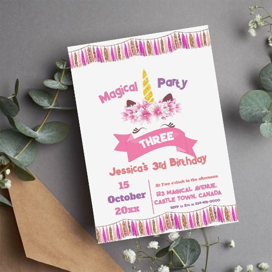Invitation Unicorn Parties scintillant et Gold Anniversaire d