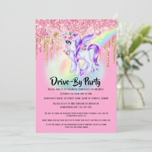 Invitation Unicorn parties scintillant fée rose violet arc-en (Debout devant)