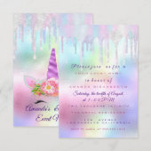 Invitation Unicorn Party 1ème 2ème Bébé Holographe rose viole (Devant / Derrière)