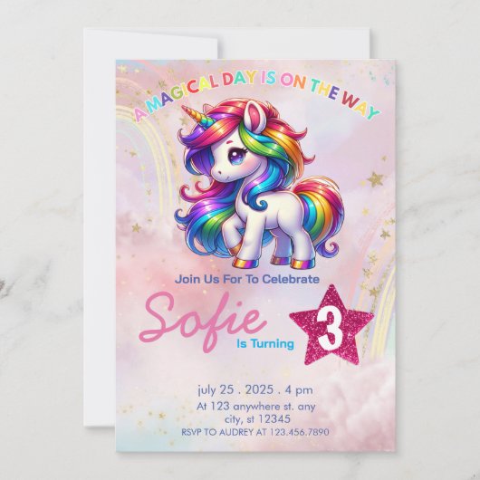 Invitation Unicorn Party Thème Arc-en-ciel 3ème anniversaire (Devant)