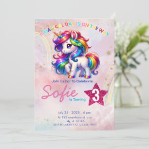Invitation Unicorn Party Thème Arc-en-ciel 3ème anniversaire