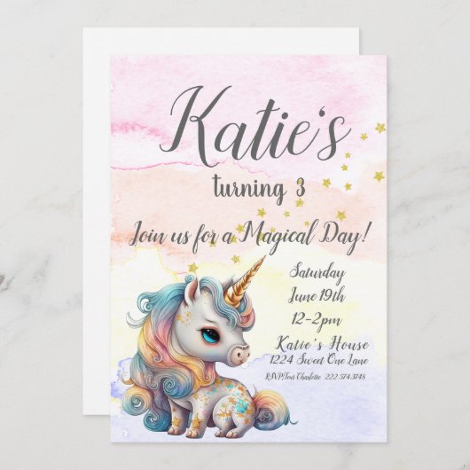 Invitation Unicorn Party, Unicorn 3e anniversaire (Devant / Derrière)