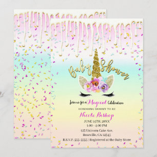 Invitation Unicorn Pastel Arc-en-ciel Baby shower goutte à go