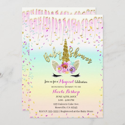 Invitation Unicorn Pastel Arc-en-ciel Baby shower goutte à go (Devant / Derrière)