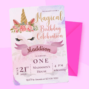 Invitation Unicorn Pastel Floral Enfants Premier anniversaire