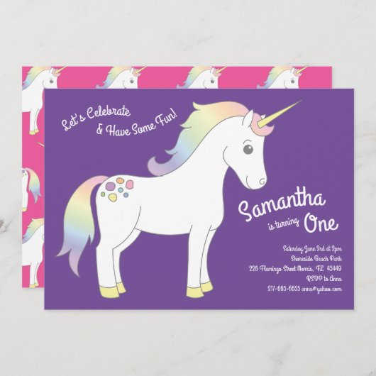 Invitation Unicorn Pastel Rainbow 1er anniversaire (Devant / Derrière)