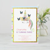 Invitation Unicorn Pastel Rainbow Butterflies Gold Anniversai (Debout devant)