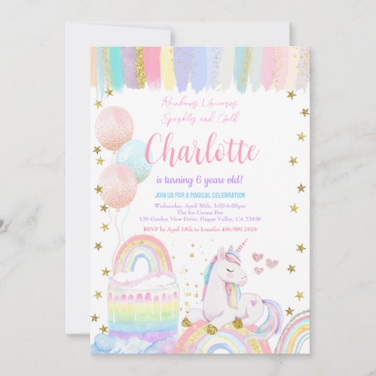 Invitation Unicorn Pastel Rainbow Sparkle fête d'anniversaire (Devant)
