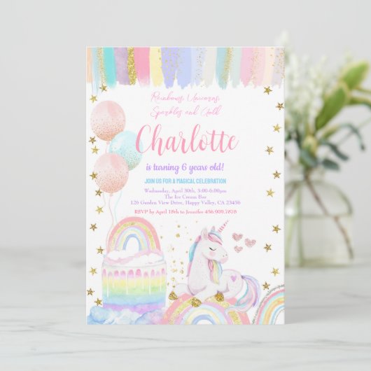 Invitation Unicorn Pastel Rainbow Sparkle fête d'anniversaire (Debout devant)