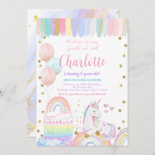 Invitation Unicorn Pastel Rainbow Sparkle fête d'anniversaire (Devant / Derrière)
