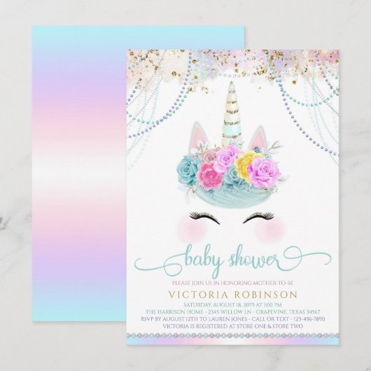 Invitation Unicorn Pearl Girl Unicorn Baby shower (Devant / Derrière)