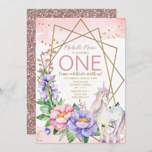 Invitation Unicorn Pink Gold Floral First Birthday