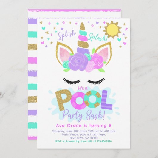 Invitation Unicorn Pool Party (Devant / Derrière)
