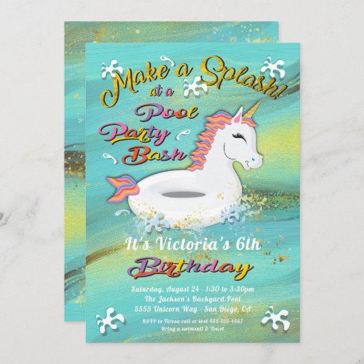 Invitation Unicorn Pool Party Anniversaire Bash (Devant / Derrière)