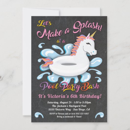 Invitation Unicorn Pool Party Anniversaire Bash (Devant)