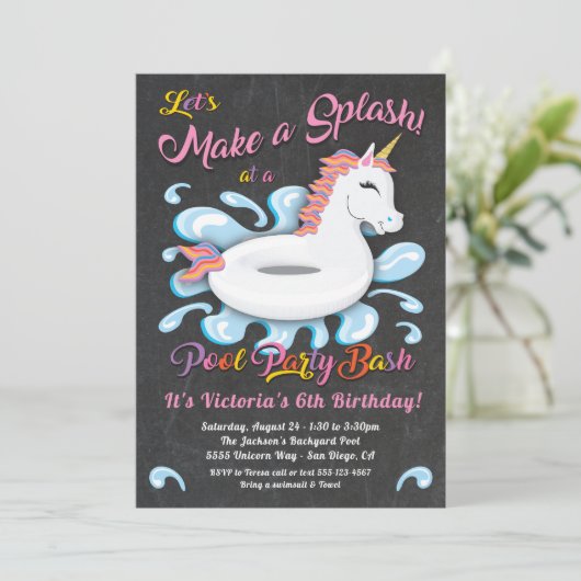 Invitation Unicorn Pool Party Anniversaire Bash (Debout devant)