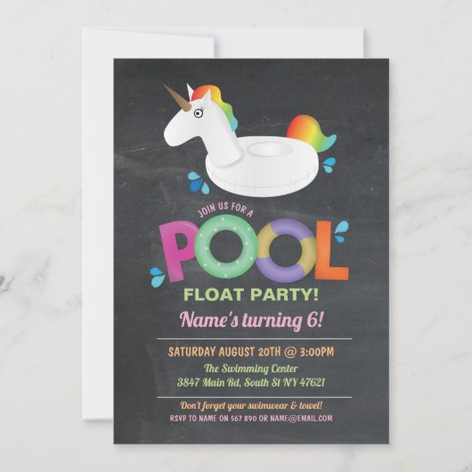Invitation Unicorn Pool Party Birthday Beach Flottant Invitat (Devant)