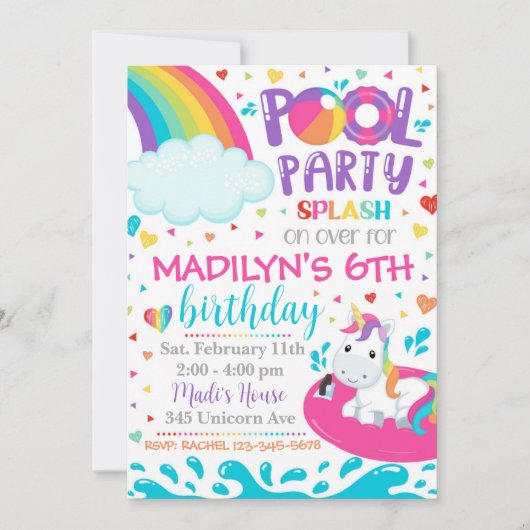 Invitation Unicorn Pool Party | Invitation de grou (Devant)