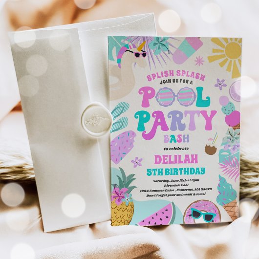 Invitation Unicorn Pool Party Tropical Summer Pool Anniversai