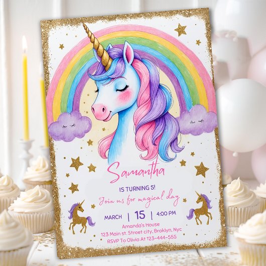 Invitation Unicorn Rainbow Girl'Anniversaire Party Digital In