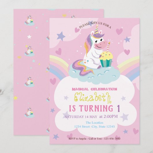 Invitation Unicorn Rainbow Hearts étoiles Anniversaire (Devant / Derrière)