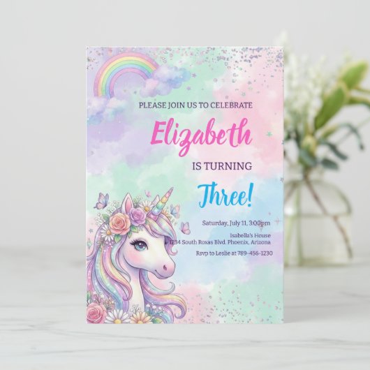 Invitation Unicorn Rainbow Magical Birthday (Debout devant)