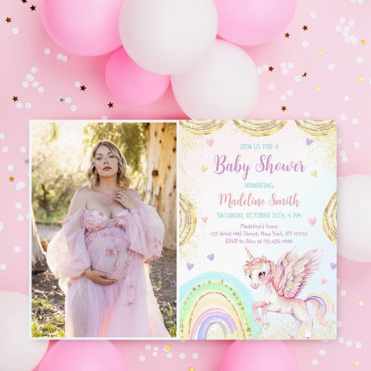 Invitation Unicorn Rainbow Pink Gold Baby shower photo