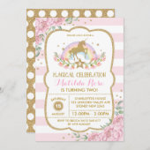 Invitation Unicorn Rainbow Pink Gold Floral Invita (Devant / Derrière)