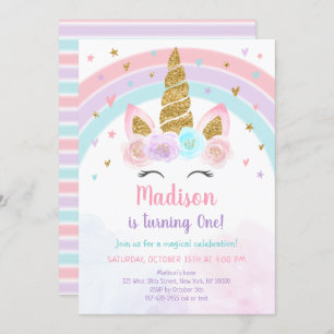 Invitation Unicorn Rainbow Pink Gold Pastel Birthday