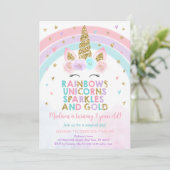 Invitation Unicorn Rainbow Sparkles Gold Anniversaire (Debout devant)