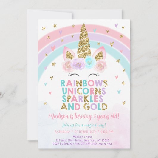 Invitation Unicorn Rainbow Sparkles Gold Anniversaire (Devant)