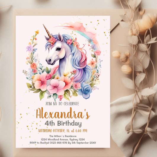 Invitation Unicorn Rainbow Sparkles Gold Anniversaire