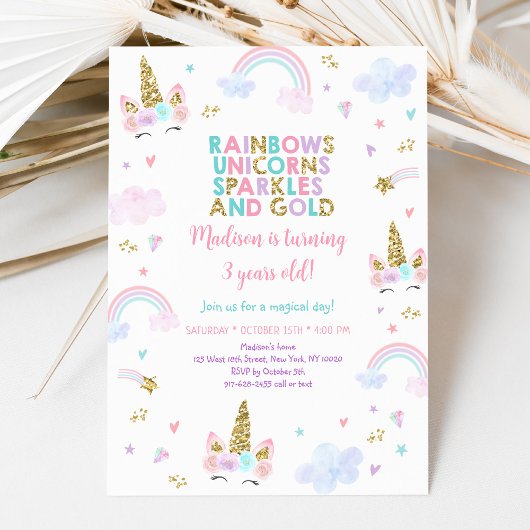Invitation Unicorn Rainbow Sparkles Gold Anniversaire