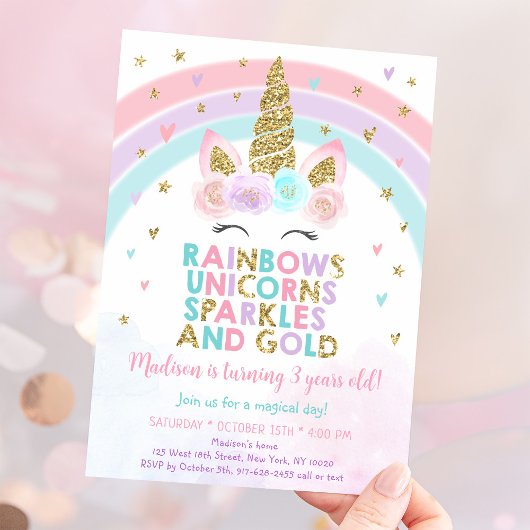 Invitation Unicorn Rainbow Sparkles Gold Anniversaire