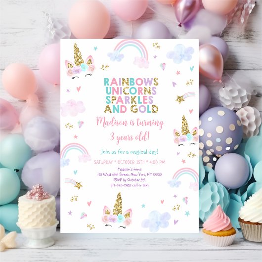 Invitation Unicorn Rainbow Sparkles Gold Anniversaire